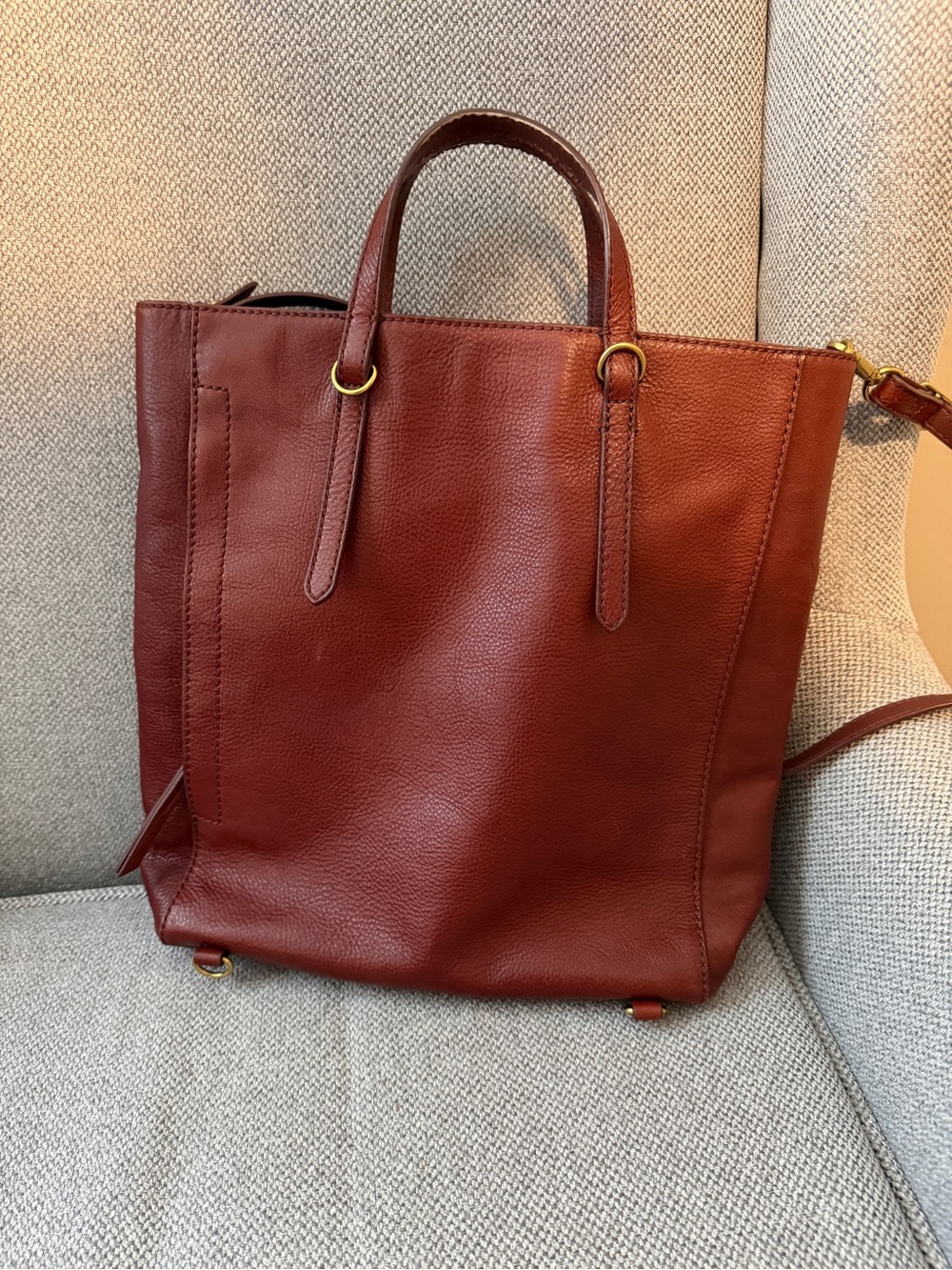 Fossil Saffiano-Style Leather Tote in Brick Red
